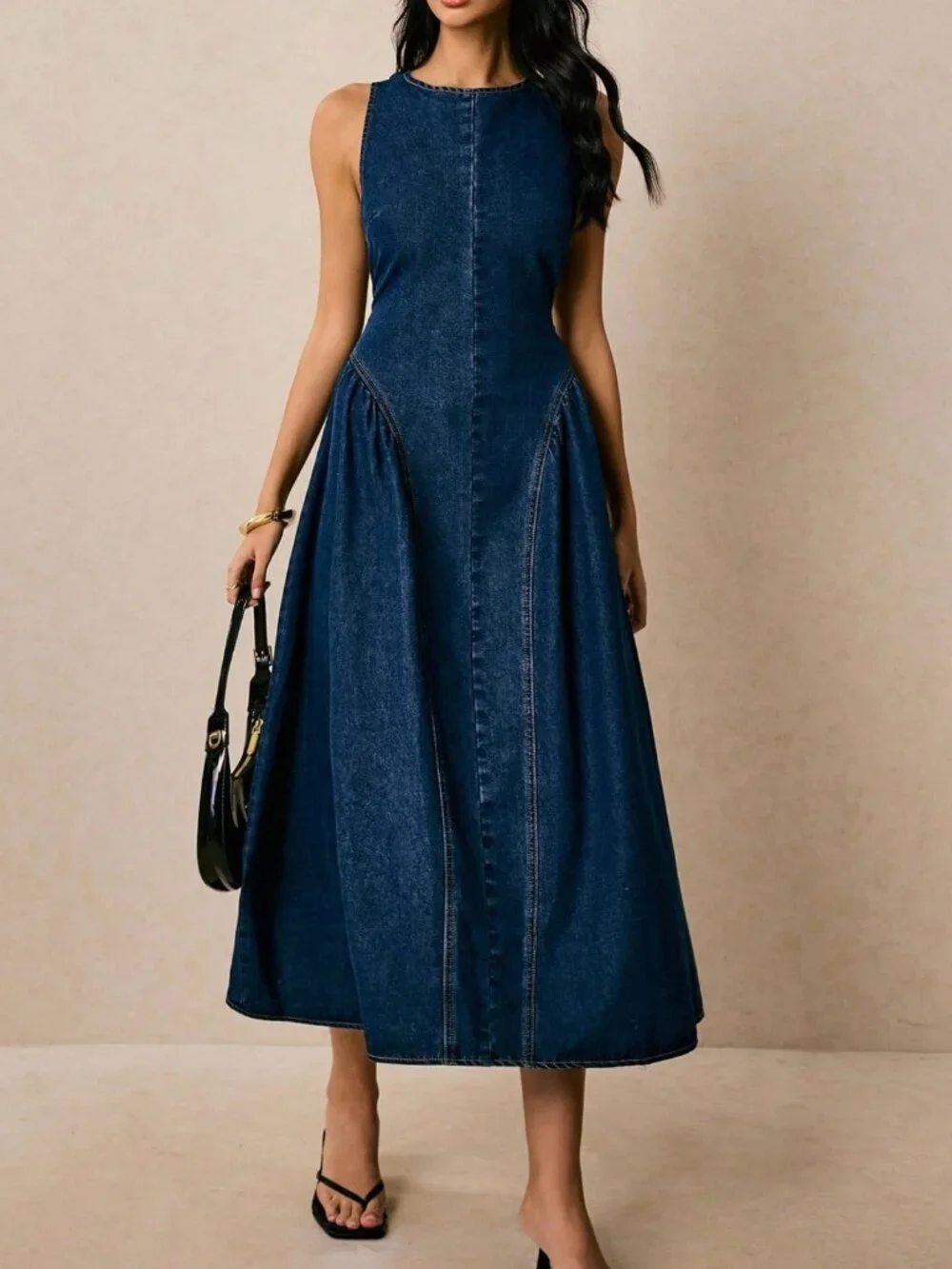 Dark Wash Casual Women's Sleeveless Flared Denim Dress - Picture 6 of 7